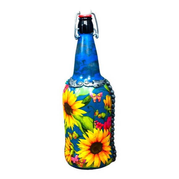 Hand Painted, Decoupaged and Molded Clay Grolsch-Style Bottle Poppy & Sunflowers - Picture 8 of 17